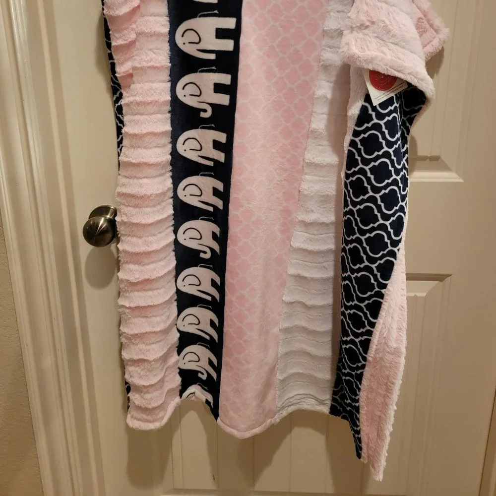 Handmade Minky Elephant Blanket 48x34 Large Plush Pink Navy Soft Throw Baby Gift